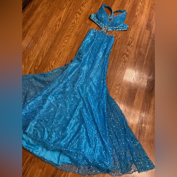 Vintage Dresses & Skirts - Vintage Y2K Dress Sequin Beaded Gown Slip Dress Cut Out Prom Dress Backless Blue